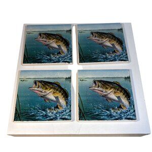 Ceramic Fishing Coasters With Cork Backing Leaping Largemouth Bass Set of 4